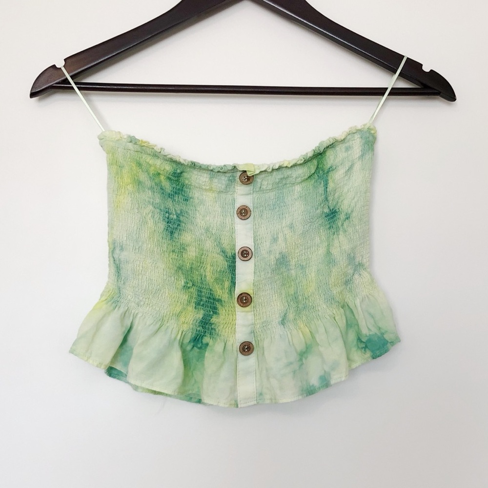 Tie Dye Green Ruched Ruffled Tube Crop Top